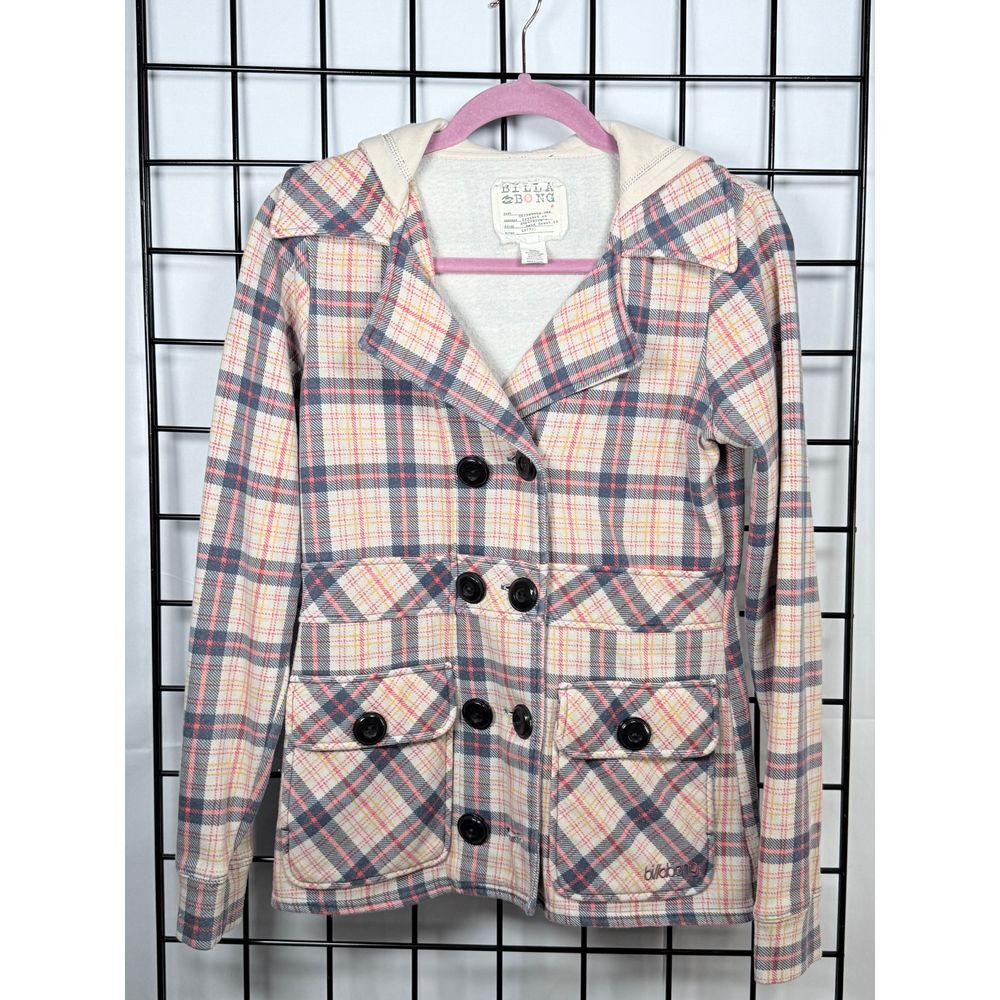 Billabong Striped Hooded Blazer‎ Womens M Gray Plaid Cotton Coastal Preppy